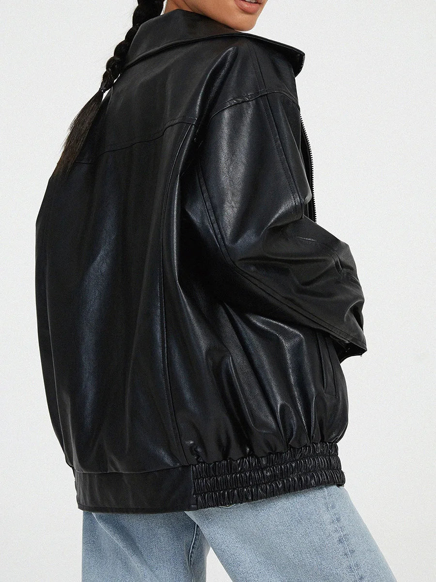 Ladies Large Faux Leather Biker Jacket with Zip Front