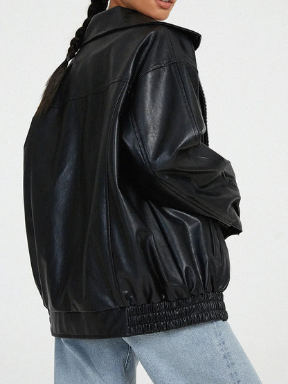 Ladies Large Faux Leather Biker Jacket with Zip Front