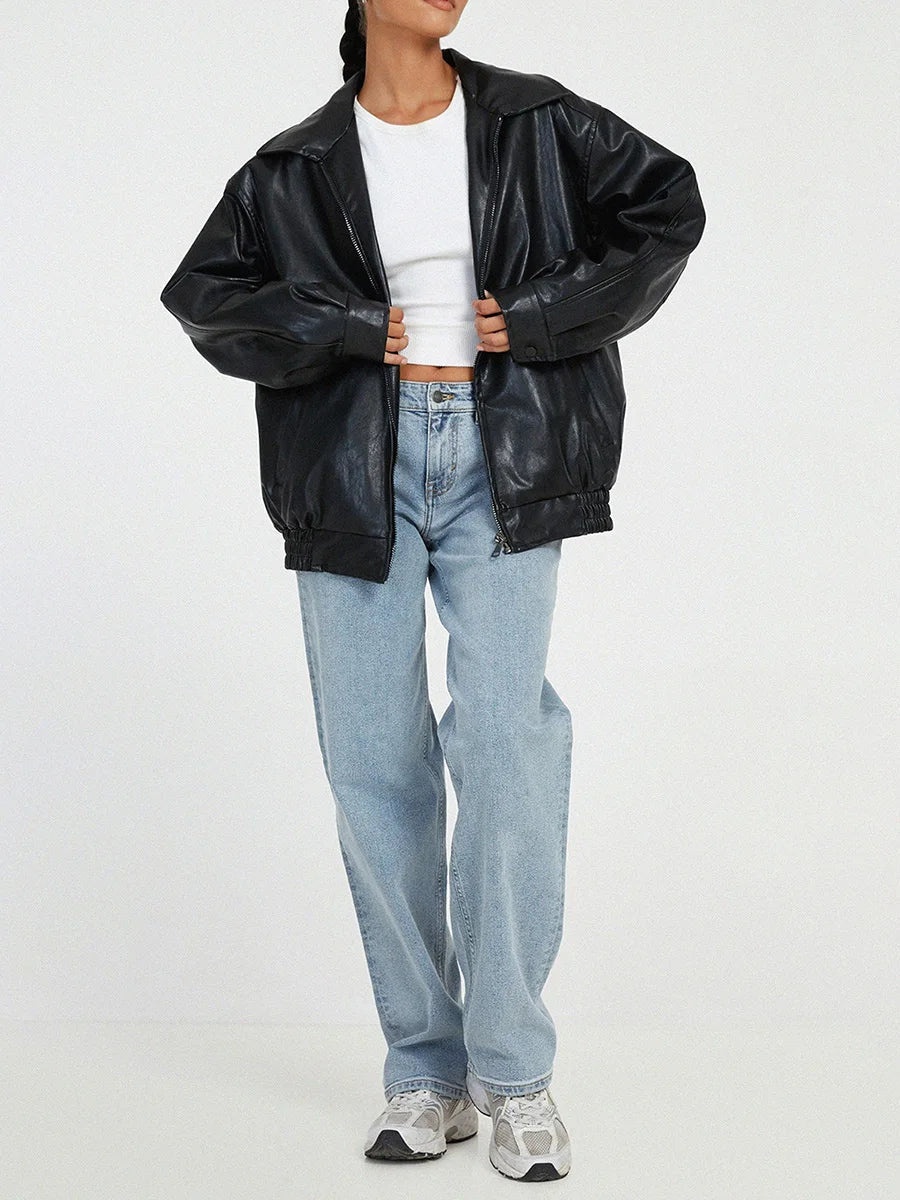 Ladies Large Faux Leather Biker Jacket with Zip Front - BritishElegance