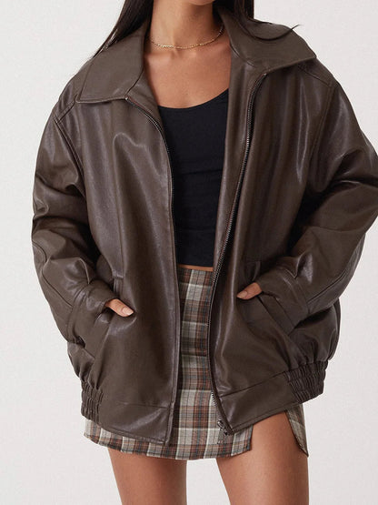 Ladies Large Faux Leather Biker Jacket with Zip Front