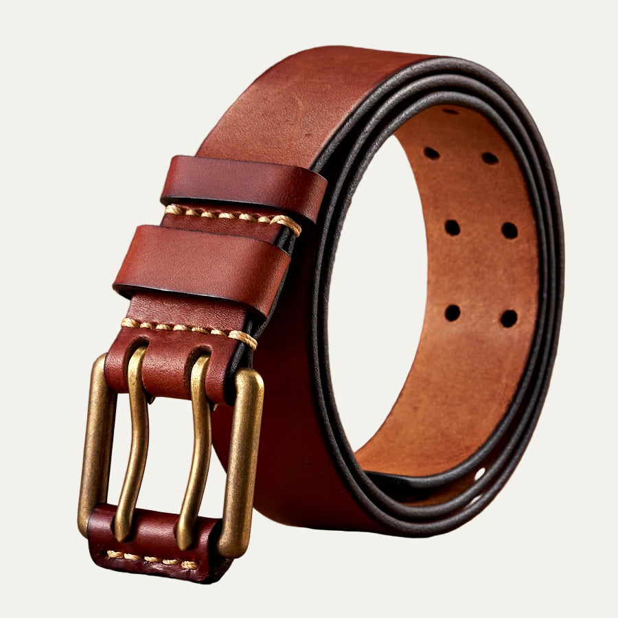 Men’s Double Prong Leather Belt with Heavy Stitching