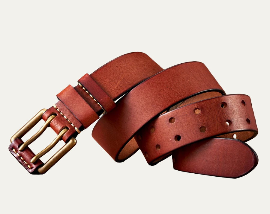 Men’s Double Prong Leather Belt with Heavy Stitching
