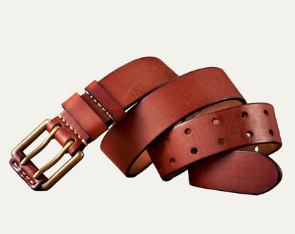 Men’s Double Prong Leather Belt with Heavy Stitching
