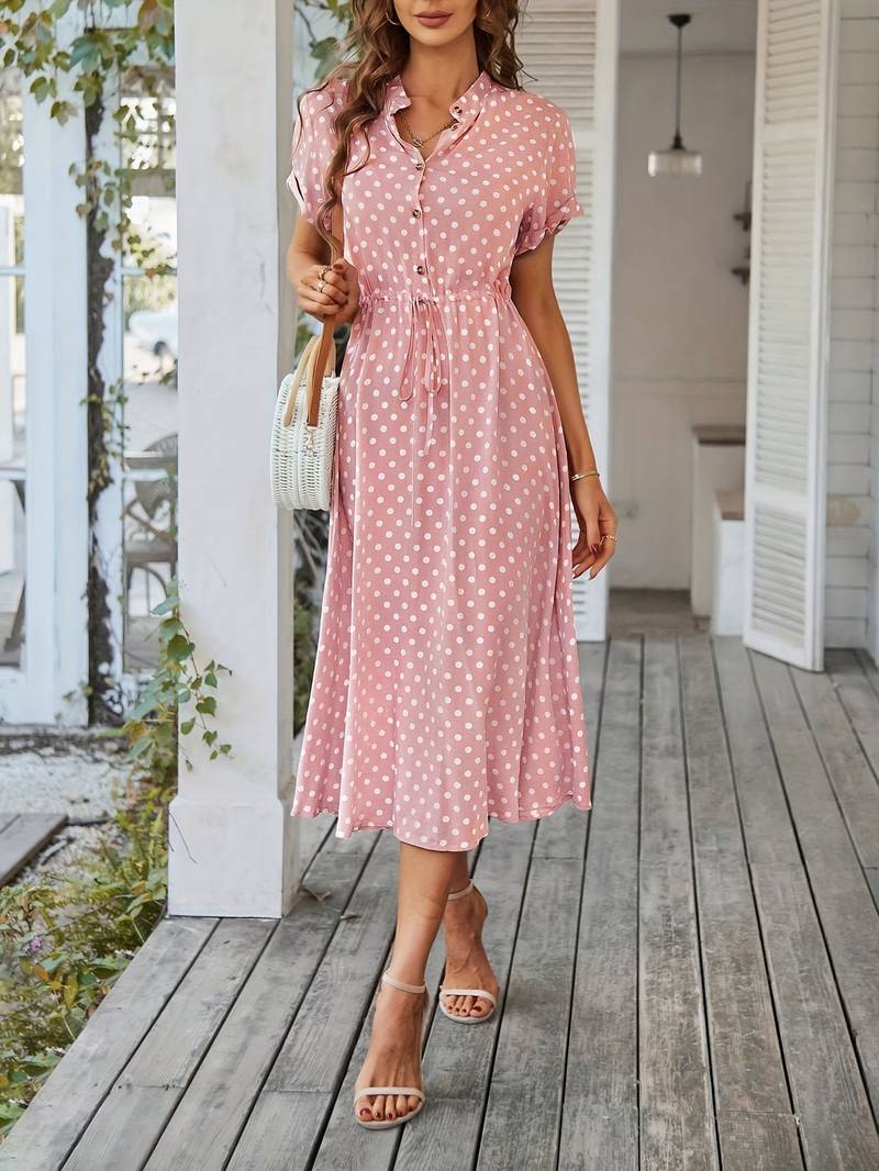 Women's Cute V-Neck Dot Print A-Line Dress - BritishElegance