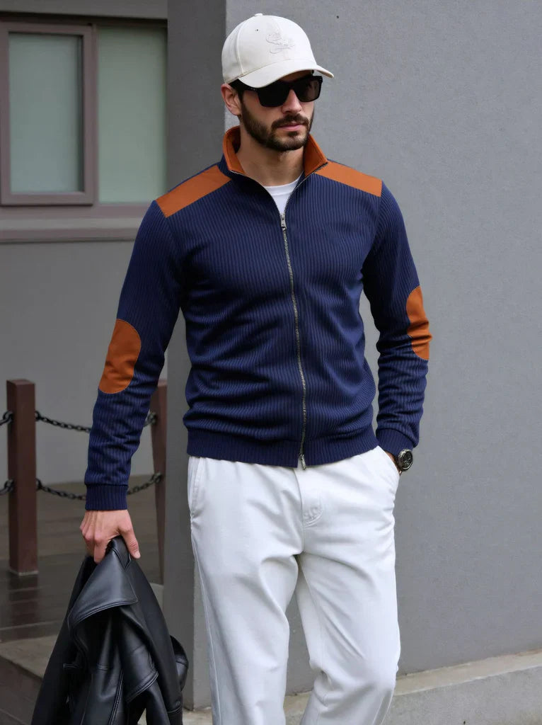 Stylish Men's Zip Cardigan with Shoulder Patches