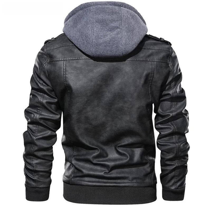 Men’s Faux Leather Moto Jacket with Detachable Hood