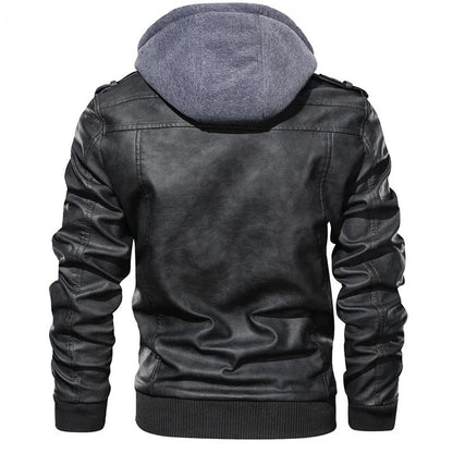 Men’s Faux Leather Moto Jacket with Detachable Hood
