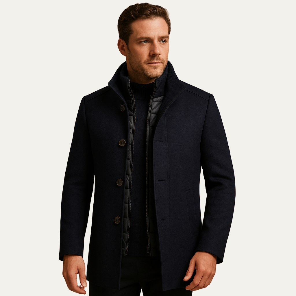 Men’s Insulated Stand Collar Peacoat with Inner Quilted Vest