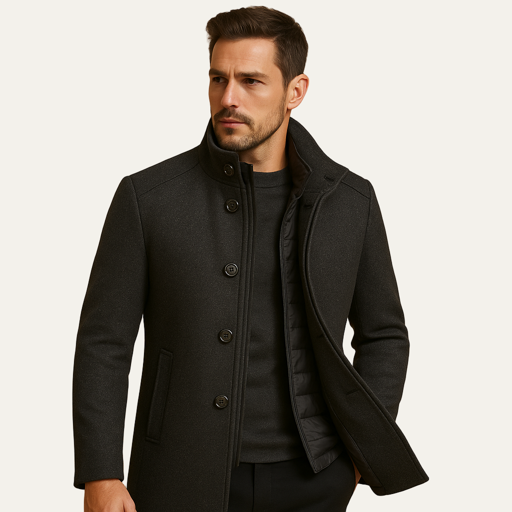 Men’s Insulated Stand Collar Peacoat with Inner Quilted Vest