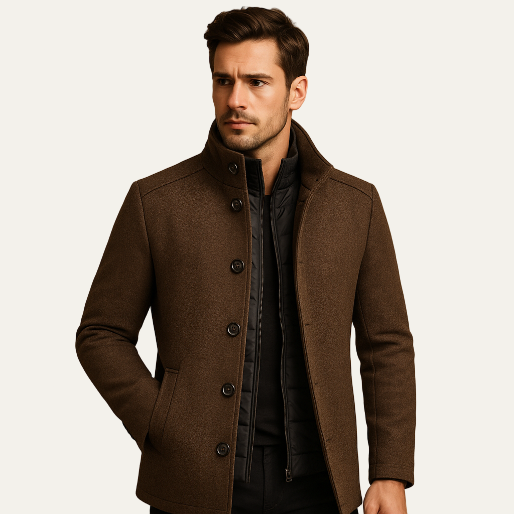 Men’s Insulated Stand Collar Peacoat with Inner Quilted Vest