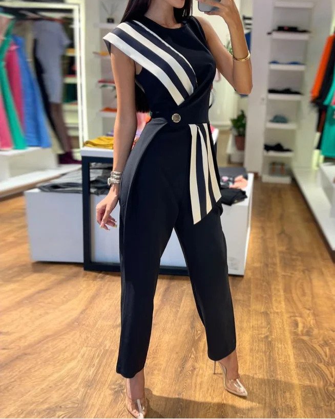 Chic Off Shoulder Stripe Summer Jumpsuit - BritishElegance