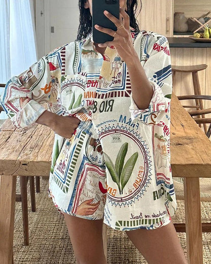 Women's Cute Summer Short Sleeve Shirt Set - BritishElegance
