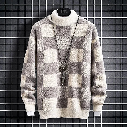 Warm Mens Checked Crew Neck Sweater