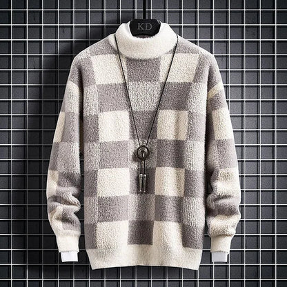 Warm Mens Checked Crew Neck Sweater