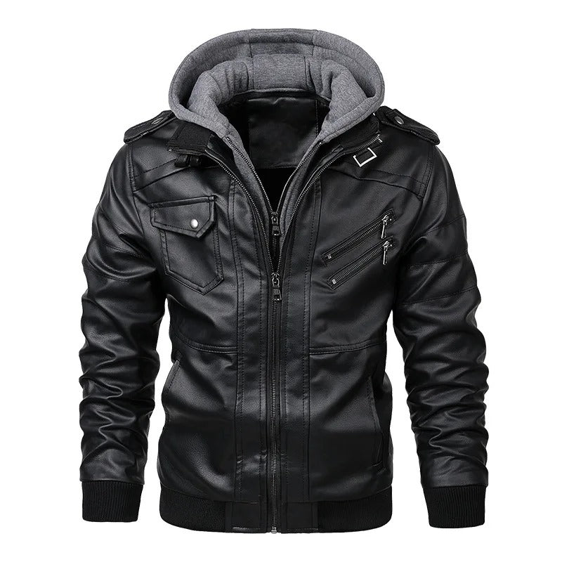 Men’s Faux Leather Moto Jacket with Detachable Hood