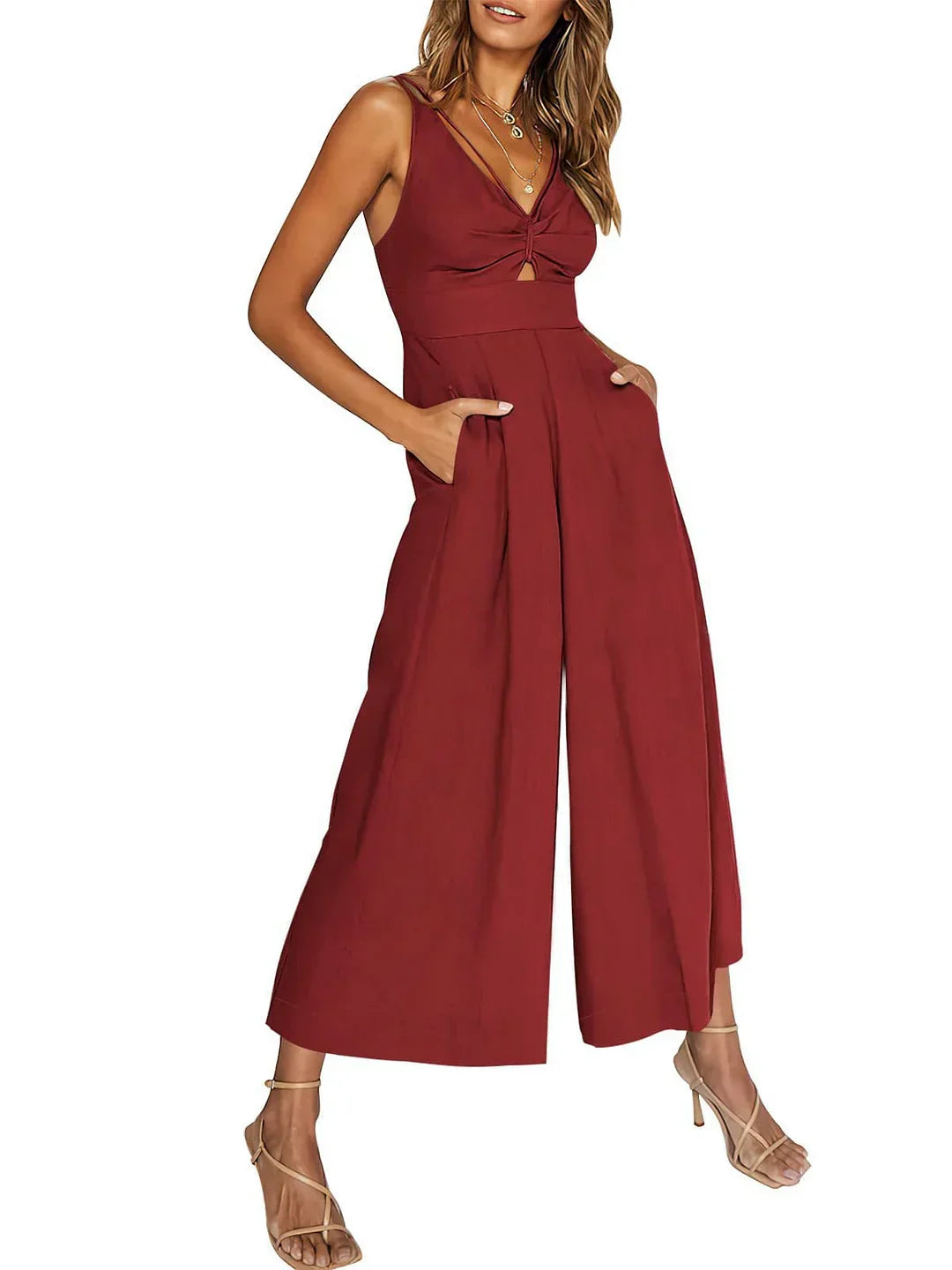 Summer V-Neck Cutout Jumpsuit for Women - BritishElegance