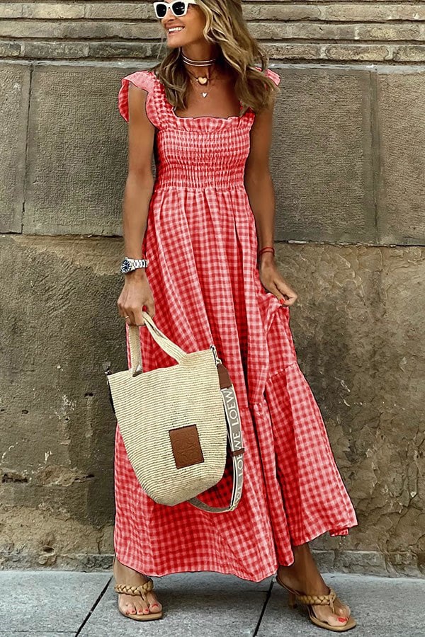 Women's Elegant Printed Long Dress with Classic Plaid Design