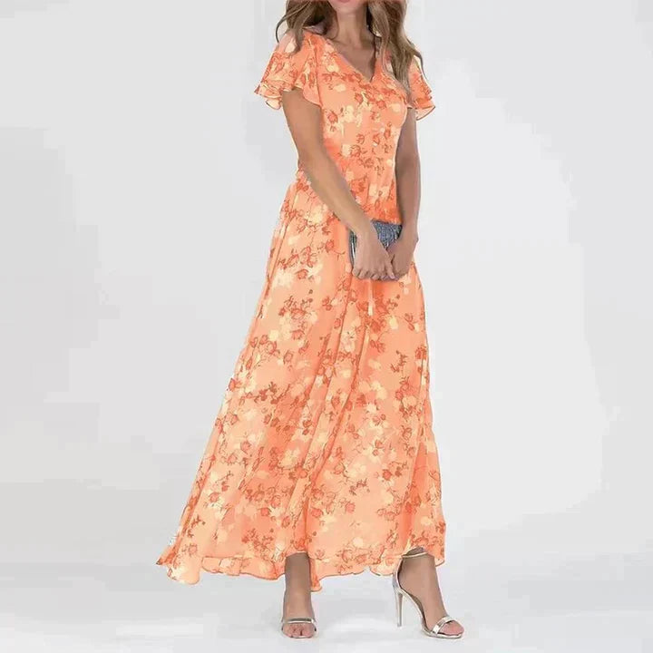 Beautiful Flower V-Neck Long Dress