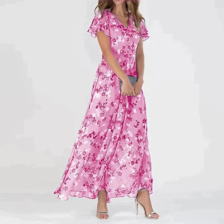 Beautiful Flower V-Neck Long Dress