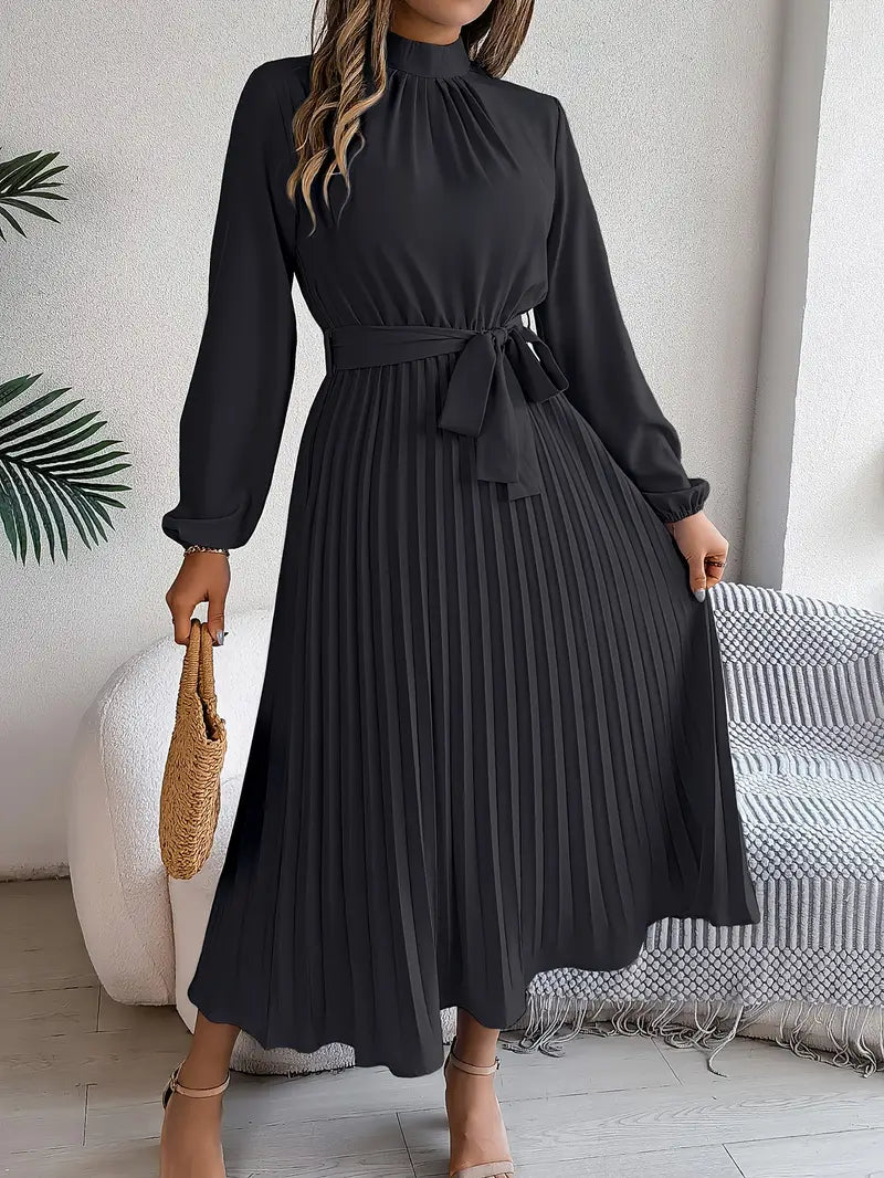 Ladies' Elegant A-Line Knee Length Dress with Waist Belt