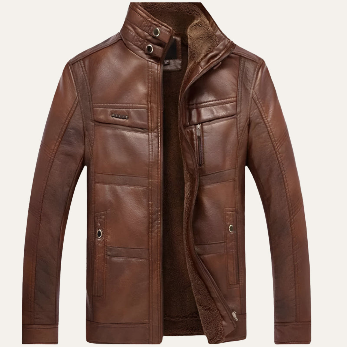 Men’s Zip Up Leather Jacket with Stand Collar