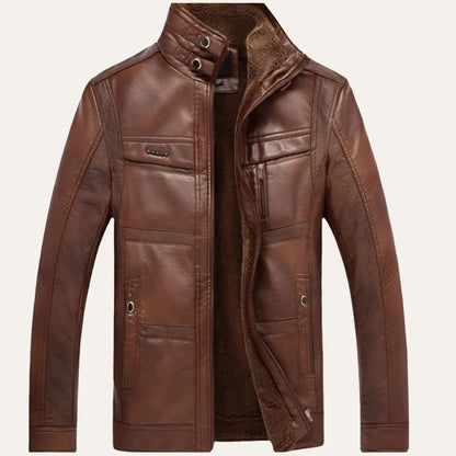 Men’s Zip Up Leather Jacket with Stand Collar