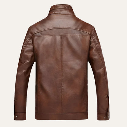 Men’s Zip Up Leather Jacket with Stand Collar