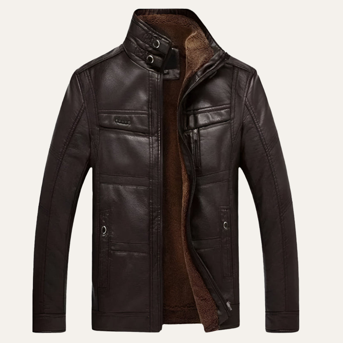Men’s Zip Up Leather Jacket with Stand Collar