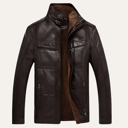 Men’s Zip Up Leather Jacket with Stand Collar