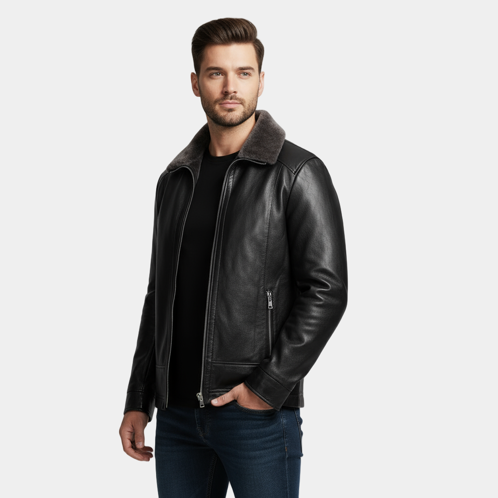 Classic Faux Leather Jacket with Shearling Trim - BritishElegance
