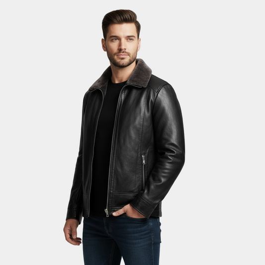Classic Faux Leather Jacket with Shearling Trim - BritishElegance