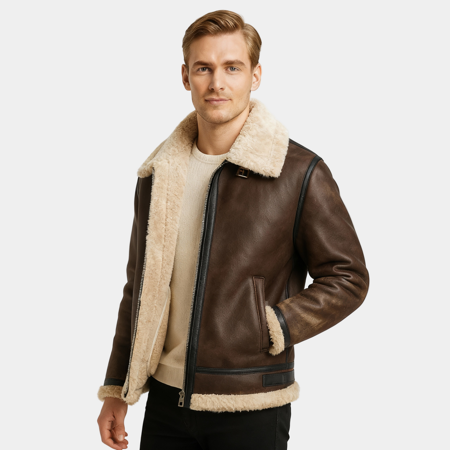 Men's Synthetic Shearling Pilot Jacket - Warm Winter Coat