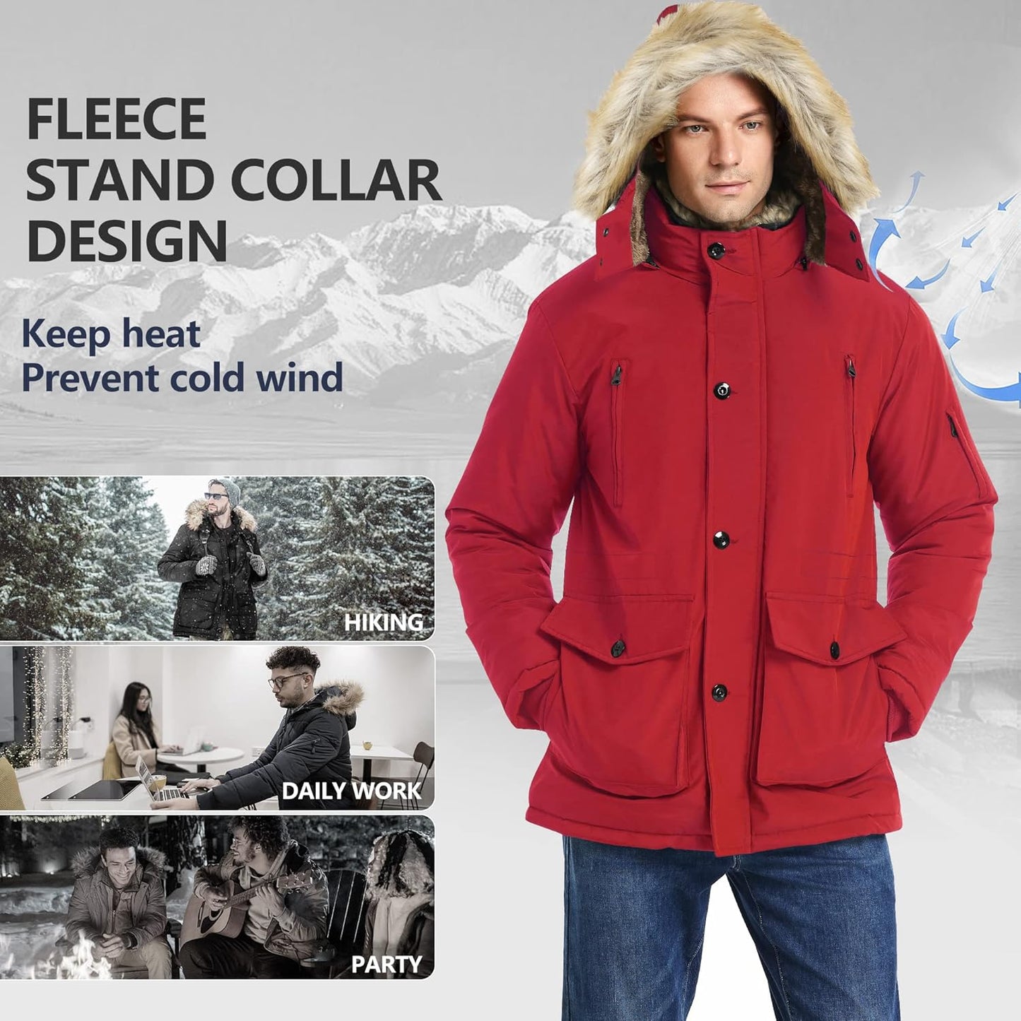 Men’s Mid Length Winter Parka with Detachable Hood