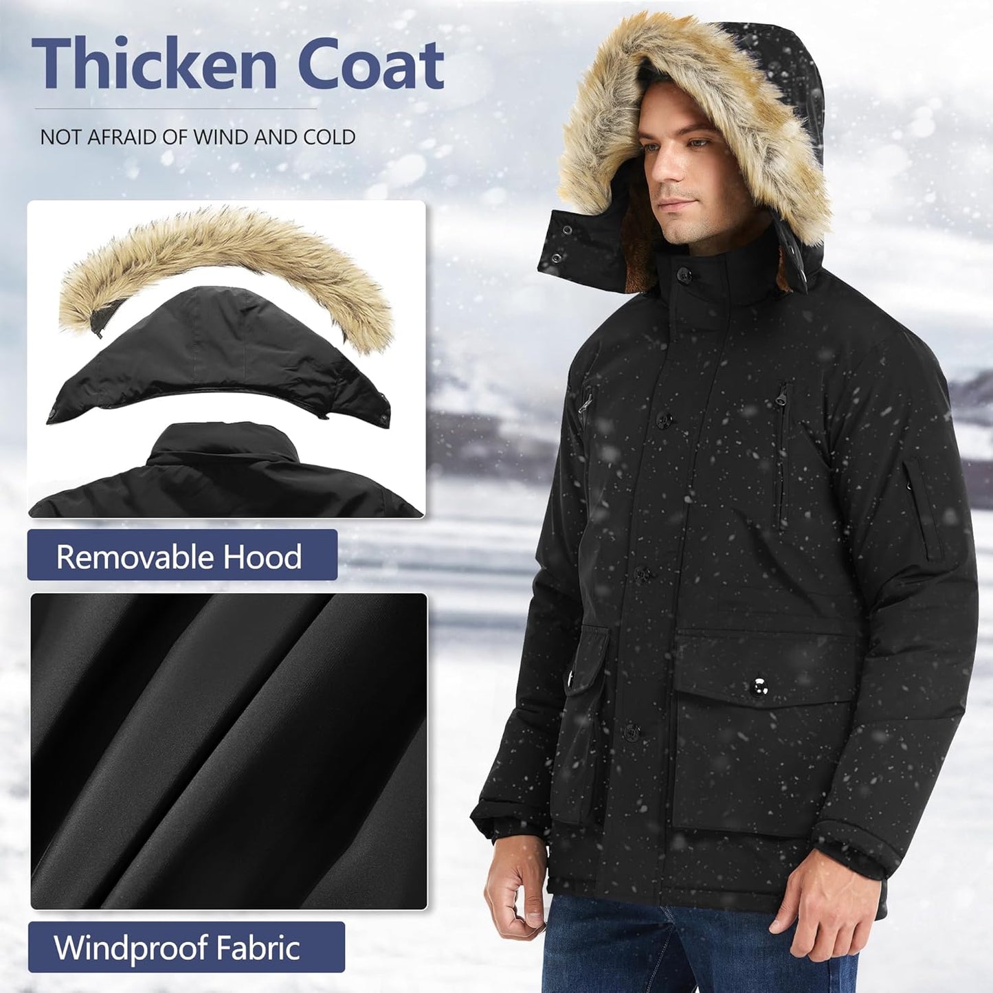 Men’s Mid Length Winter Parka with Detachable Hood