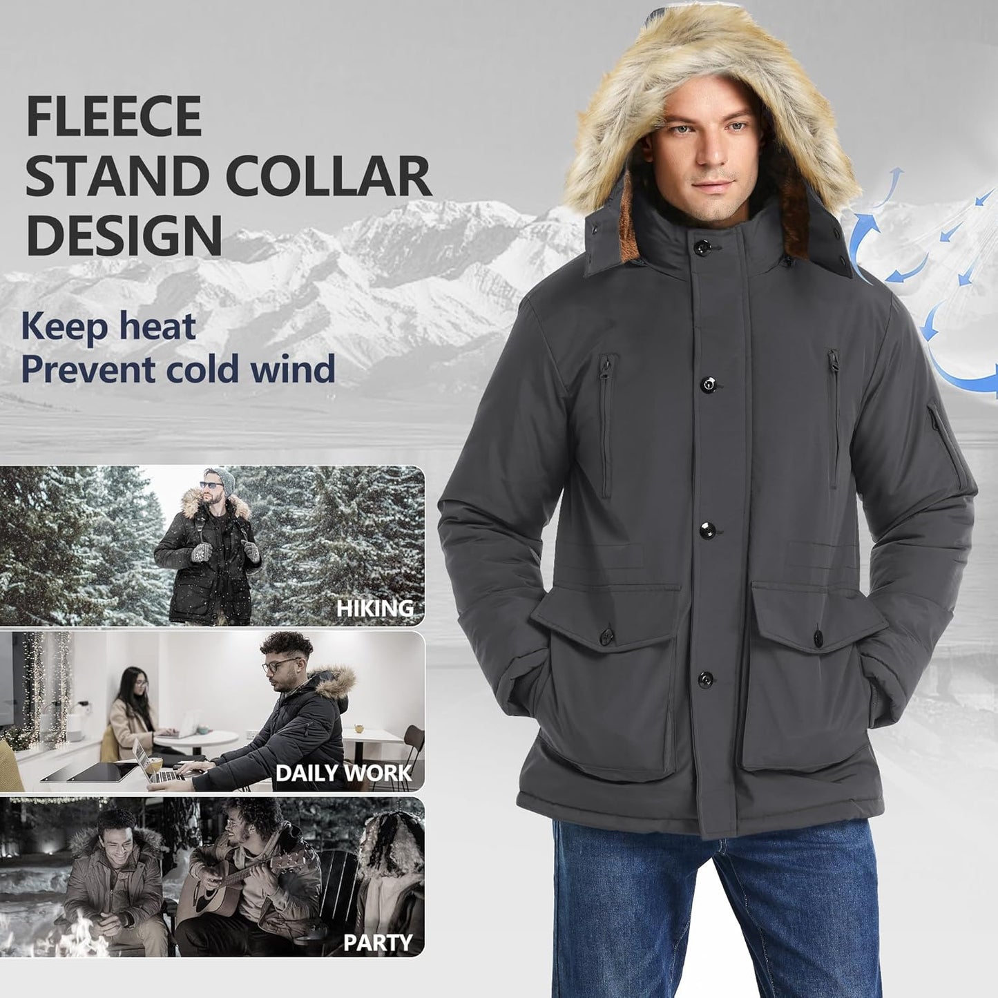 Men’s Mid Length Winter Parka with Detachable Hood