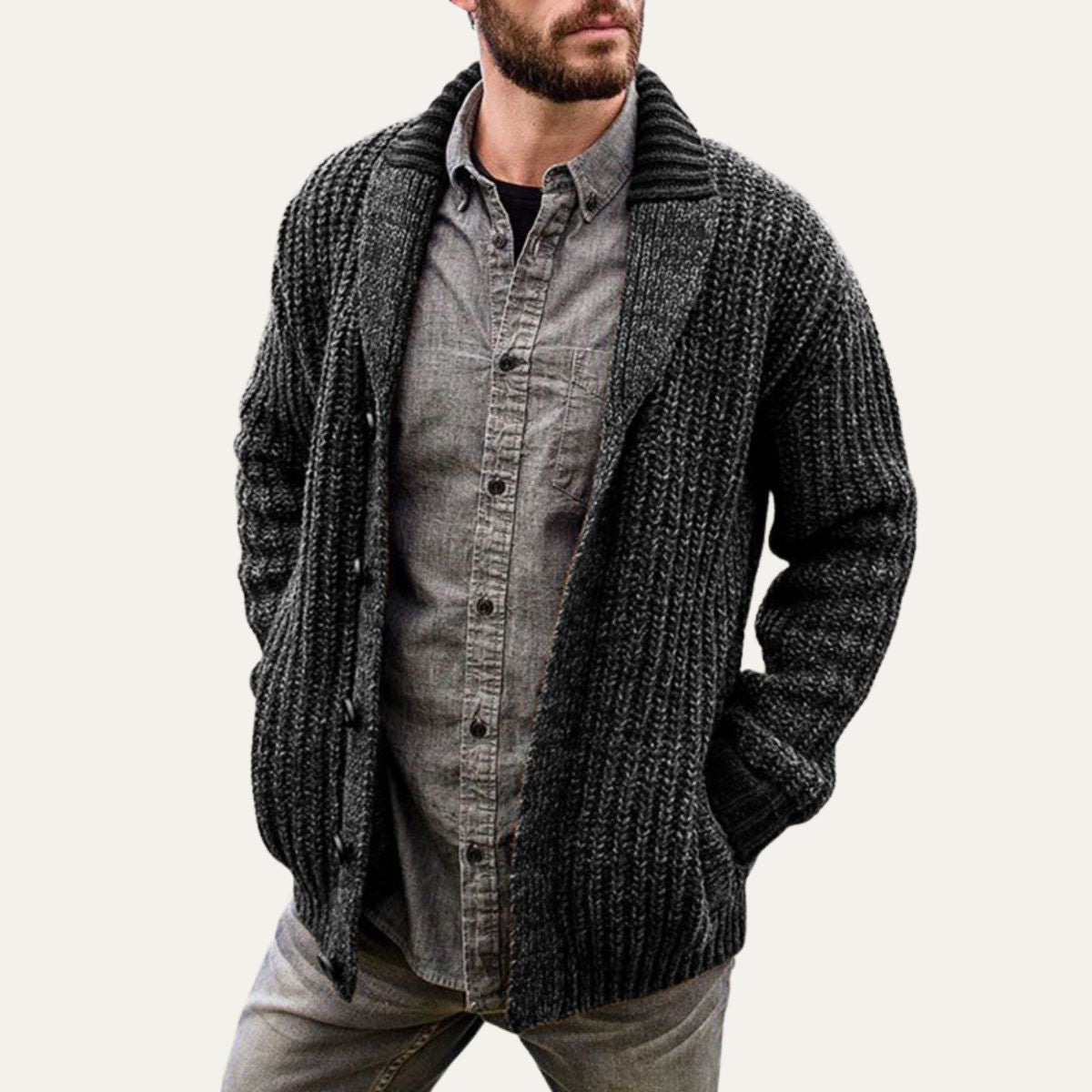 Men’s Chunky Ribbed Cardigan with Striped Shawl Collar
