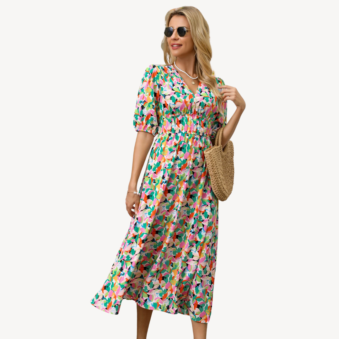 Floral Print V-Neck Midi Dress Women