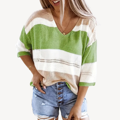 Striped V-neck Knit Top