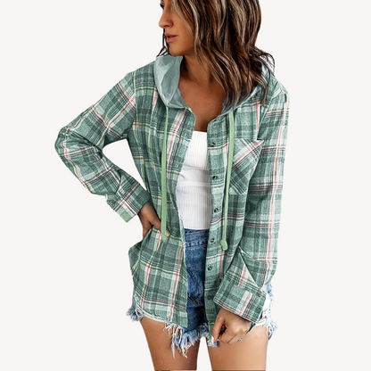 Women's Plaid Button-Down Shirt Jacket with Hood