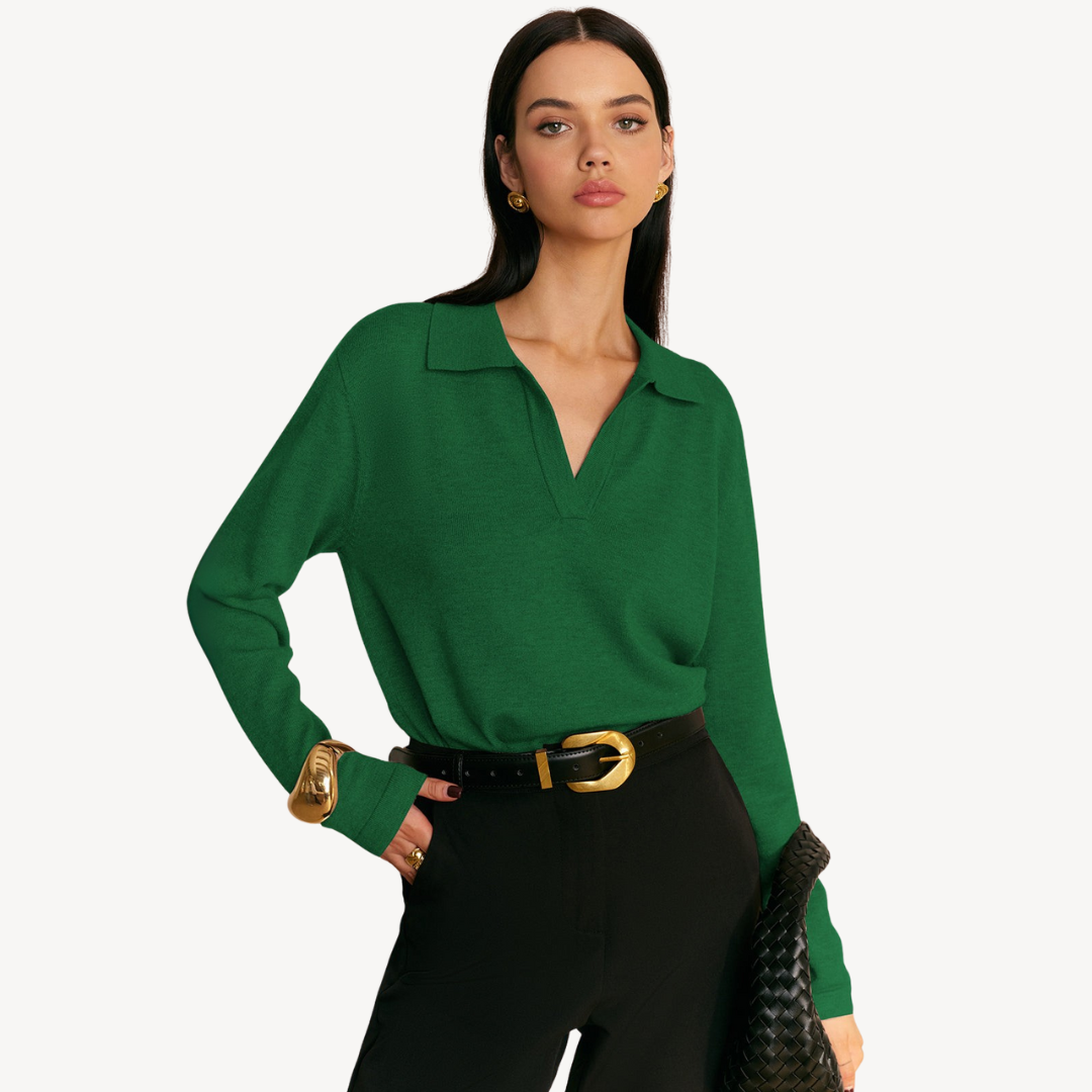 Knit Long Sleeve Polo V-Neck Sweater Women