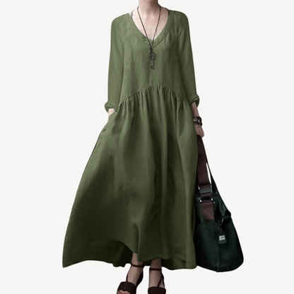 Linen Maxi Dress Women V-Neck Long Sleeve