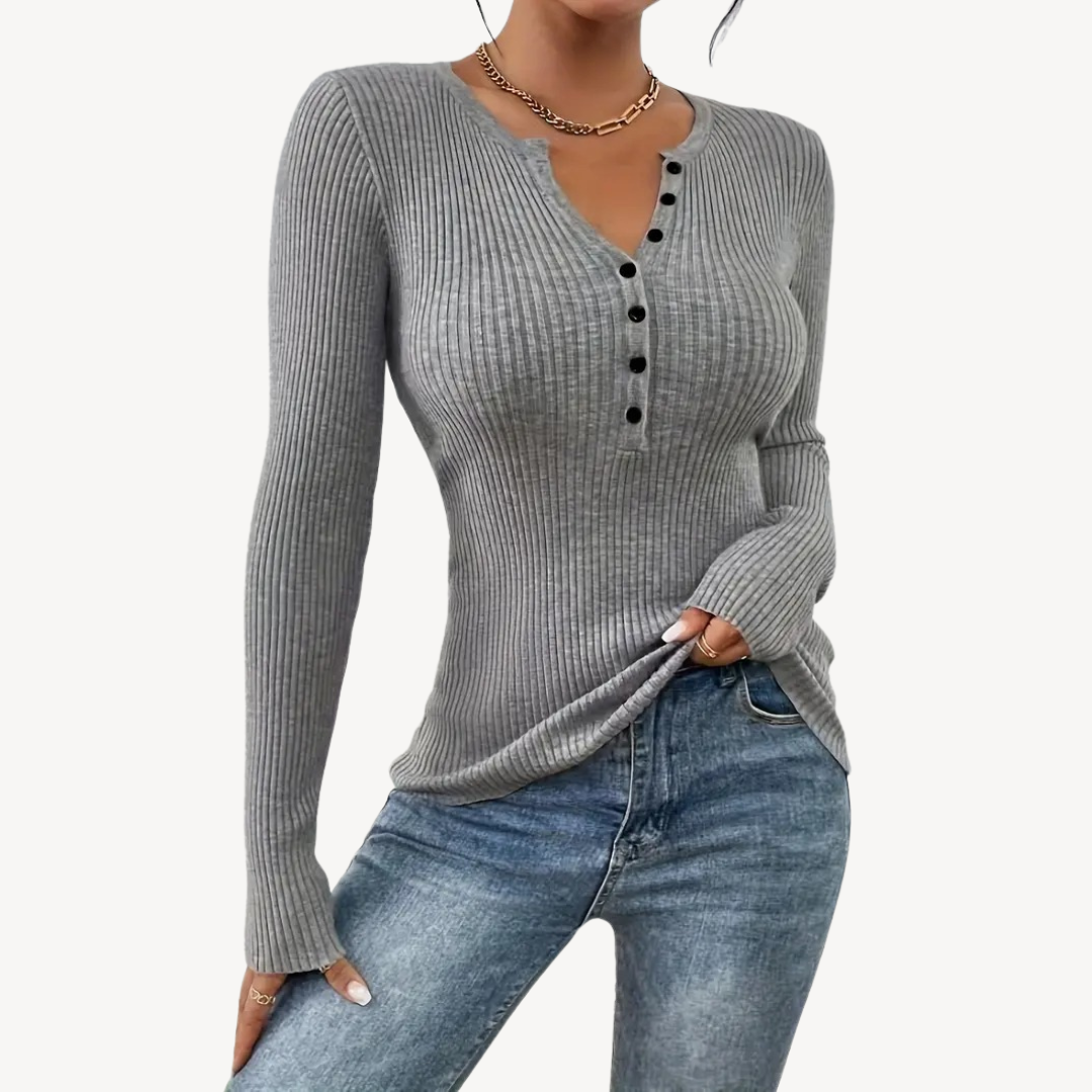 Ribbed Button Henley Top for Women