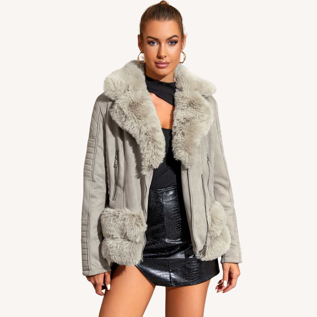 Women's Faux Fur Shearling Biker Jacket Brown