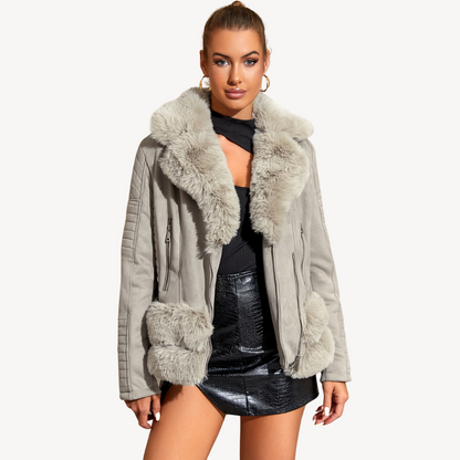Women's Faux Fur Shearling Biker Jacket Brown