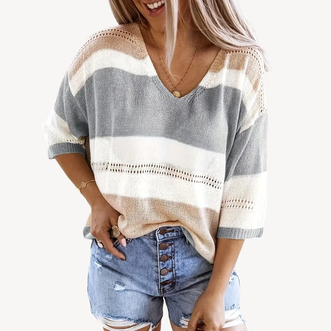 Striped V-neck Knit Top