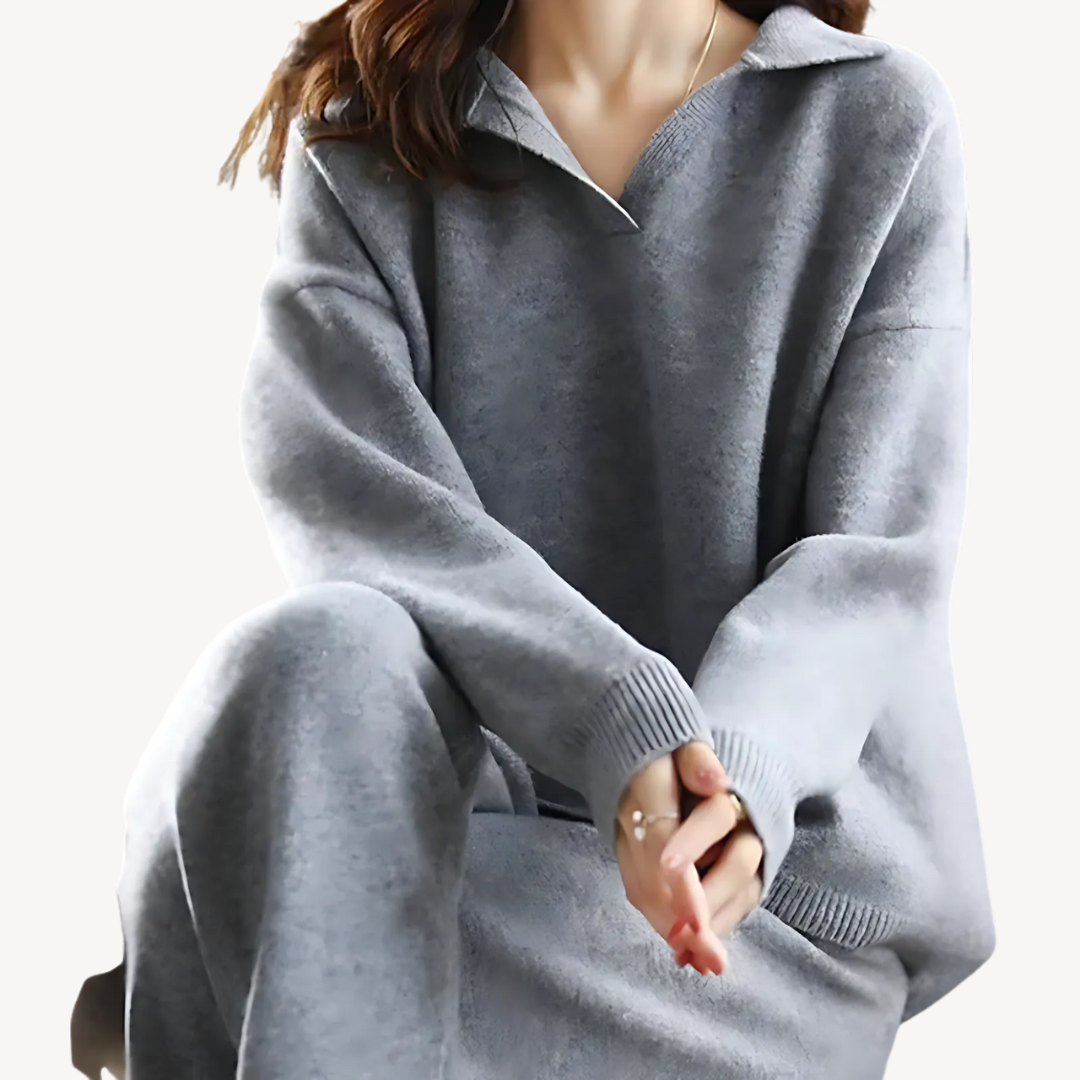 Casual Polo Knit Sweater Set for Women