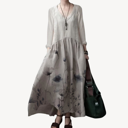Linen Maxi Dress Women V-Neck Long Sleeve