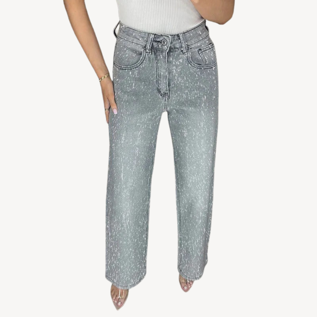 Rhinestone Studded High-Waisted Jeans Product Description: