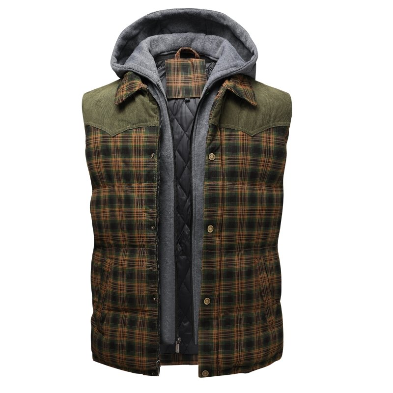 Warm Men's Plaid Puffer Hooded Vest