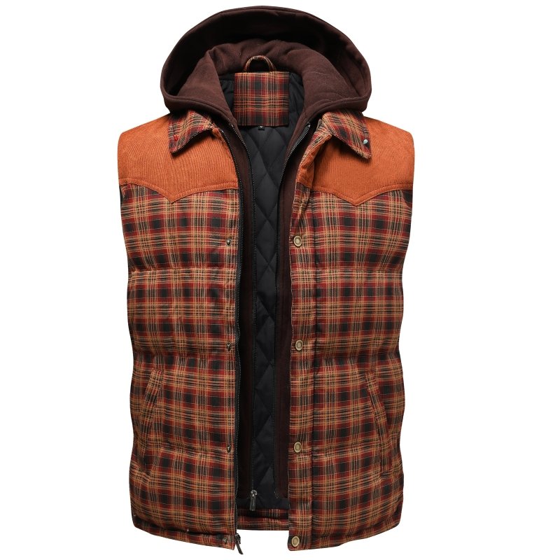 Warm Men's Plaid Puffer Hooded Vest
